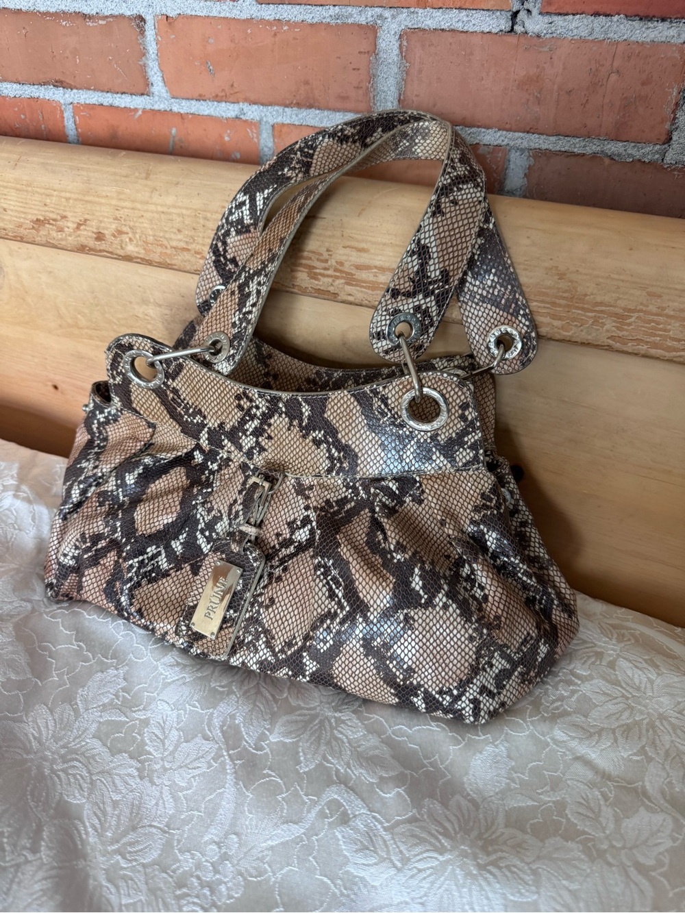 Prune Italian leather  Snake-Print Shoulder Bag